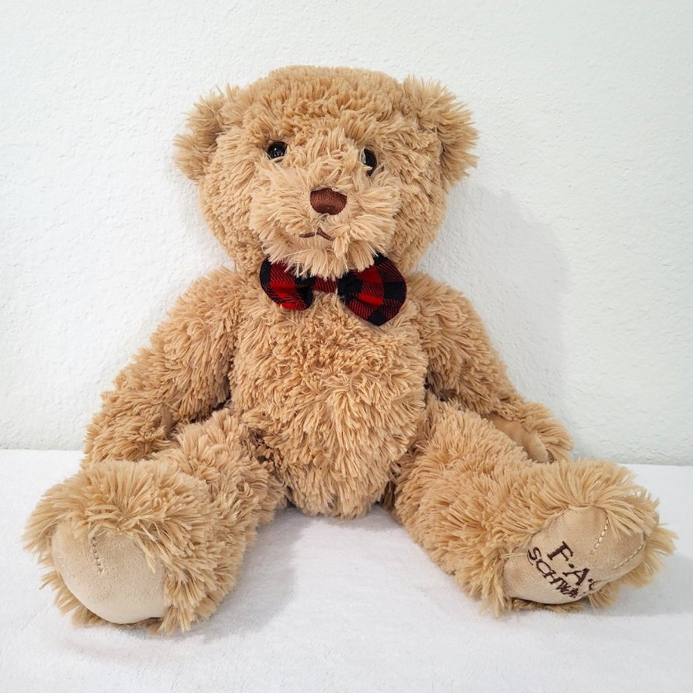 FAO Schwarz 18" Plush Teddy Bear Tan with Red Bow Tie Stuffed Animal